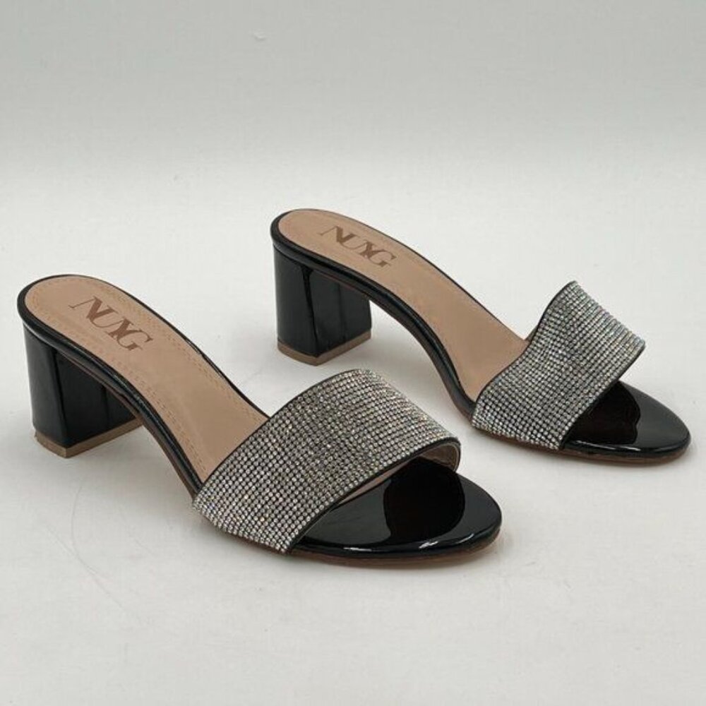 Black Open Toe Rhinestones Mule Sandals Chunky Heel Slide Slipper Daily Shoes